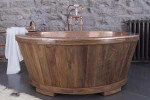 Bañera de cobre redonda martillada con bañera de madera de teca Bali - Product Image 3