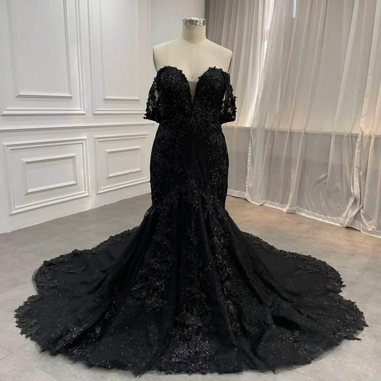Chantilly ALE16 Tissu En Dentelle Pour Robe De Mariée/robe De Mariée Motif Floral Africain Noir