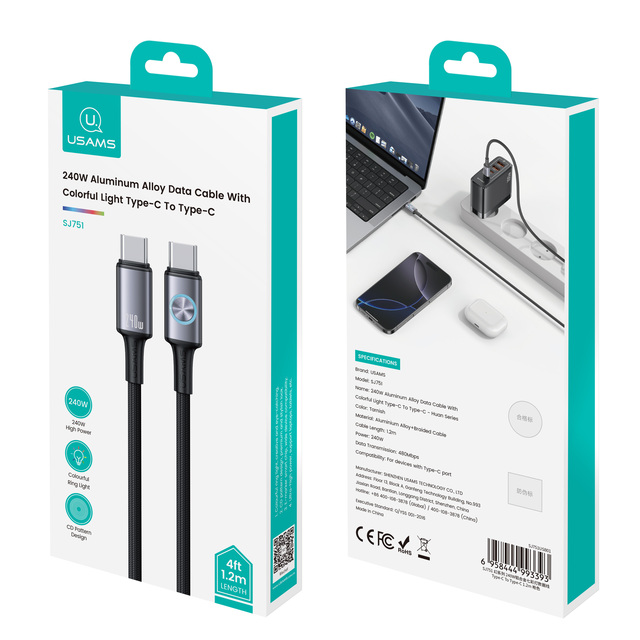 USAMS SJ751 USB Type c to Type c PD 240W Fasr Charging Data Cable With Colorful Light