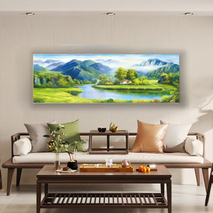 Pintura hecha a mano de arenisca natural-Serene "Montañas verdes Aguas azules" Arte de pared de paisaje chino - Product Image 2