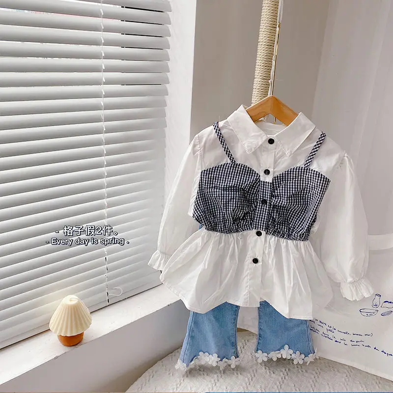 2022 New Spring Baby Toddler Cute Girl Turn-down Collar Long Sleeved White Plaid Patchwork Shirt 1-6 Years