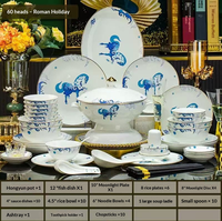 Blaues Pferd Goldrand Luxus Europa Knochenporzellan Geschirrset Elegantes Keramik-Tafelservice für Zuhause & Partys