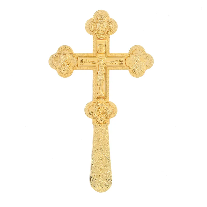 HT Grand alliage plaqué or cristal pour église prière pectorale avec boîte-cadeau cérémonie religieuse orthodoxe main tenir croix