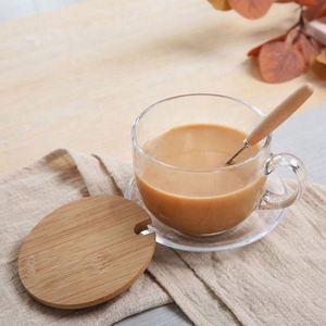 Glass Coffee Mug 15OZ <b>Clear</b> with Bamboo <b>Lids</b> & Spoon Eco-Friendly Custom Logo for Coffee Tea Milk Oats Yoghurt - Product Image 5