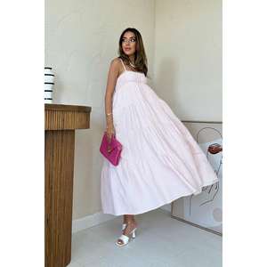 Robe en mousseline rose à rayures, bretelles spaghetti, taille élastique, coupe ample, décontractée, respirante, en tissu tissé pour le quotidien - Product Image 5