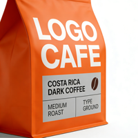 Sachet d'emballage vide pour café moulu, imprimé sur mesure, orange, à fond plat, mat, refermable avec fermeture éclair et encoche de déchirement, vente en gros