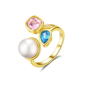Anillo de Plata S925 con Perla de Agua Dulce, Zirconia Azul en Forma de Lágrima y Zirconia Rosa Cuadrada — Joyería Elegante para Mujer - Product Image 1