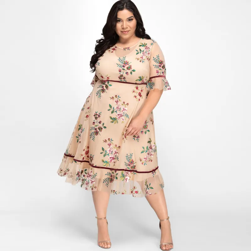 New Fashion Women S Casual Plus Size Short Sleeve Ruffled Floral Embroidery Velvet A Line Dress