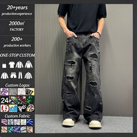 Jean en denim pour homme, déchiré, coupe large, noir délavé, avec lacets, style baggy, streetwear, personnalisable OEM ODM