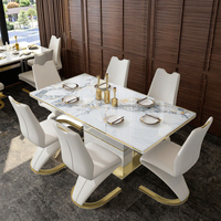 Ensemble de table à manger moderne de luxe 6 places en marbre, siège en pierre frittée, verre et métal pour la maison, l'hôtel, la cuisine, le restaurant, meubles