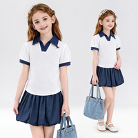 Ensemble polo et jupe ballon pour filles, tenue 2 pièces à manches courtes, style preppy à carreaux, vêtements décontractés pour enfants, style uniforme