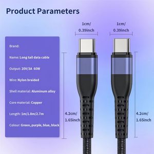 Universal Aluminum Alloy Black <b>Usb</b> c to <b>Usb</b> c <b>Cable</b> 60w Nylon Braid Type c <b>Cable</b> 3a 5a Fast Charging Nickel Plated Data <b>Cables</b> - Product Image 3