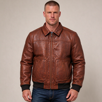 Blouson aviateur vintage marron en cuir véritable pour homme, col rabattable, poignets côtelés, logo personnalisé, vente en gros d'usine, manteau en cuir d'extérieur