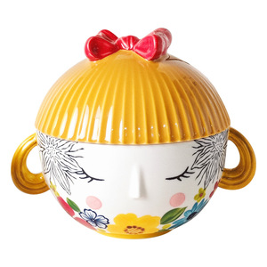 Bol en céramique créatif en forme de poupée de dessin animé avec couvercle, double anse, pour nouilles instantanées, petit-déjeuner, soupe, usage domestique - Product Image 5