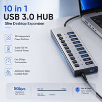 Hub USB 3.0 de 10 Puertos con Alimentación, Divisor Múltiple de Aluminio con 10 Interruptores Individuales, Adaptador de Corriente de 12V 4A para PC