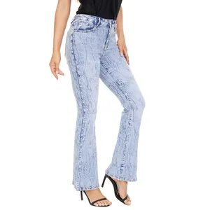 Factory Sale High Waisted Flare Jean Bootcut Embroider Ripped Stretch Skinny Wide Leg Denim Light Blue Pants