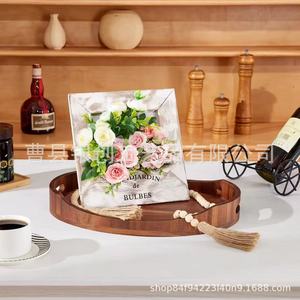 Plateau de service rond en bois Yinchuang avec poignée pour le thé, les desserts, les gâteaux, finition naturelle non finie - Product Image 1