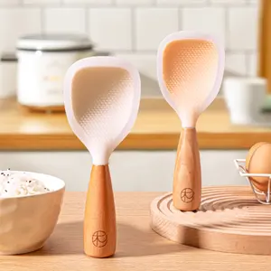 Cuillère à riz verticale en silicone avec manche en bois, antiadhésive, anti-brûlure, durable, pelle à nourriture, ustensiles de cuisine durables - Product Image 1