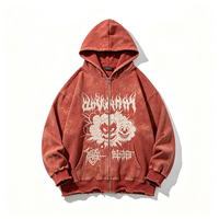 Sweat à capuche zippé rouge rouille vieilli, imprimé Kornit DTG motif Clown Explosion, style streetwear, coupe ample