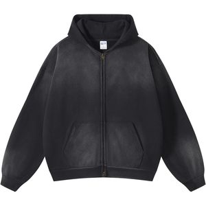 Sweat-shirt unisexe à capuche zippé en mélange de coton et polaire, coupe oversize avec épaules tombantes et poches, style vieilli pour femme - Product Image 1