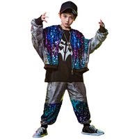 Costume de danse hip-hop pour enfants, bleu et violet, pailleté, tenue de scène de jazz, veste bomber brillante, ensemble de jogging