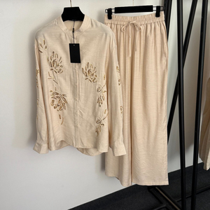 Completo Casual da <span class=keywords><strong>Donna</strong></span> in <span class=keywords><strong>Lino</strong></span> con Top a Maniche Lunghe con Scollo a V Ricamato e Paillettes + Pantaloni a Gamba Larga a Vita Alta - Product Image 3