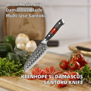 Couteau Santoku japonais en acier Damas VG10 10Cr15CoMoV, 5 pouces, pour droitier, manche en bois de frêne stabilisé composite - Product Image 2