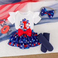 Tenue pour bébé fille, 4 pièces, barboteuse à manches courtes, jupe à volants, chaussettes, bandeau à nœud, ensemble Costume du jour de l'indépendance pour nouveau-né
