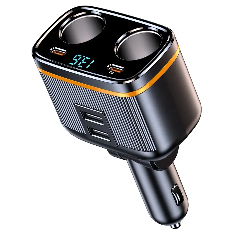 C27 Car Charger 2-Socket Cigarette Lighter Splitter Adapter 145W Dual USB C 12V/24V 45W PD Fast Charging LED Voltage Display