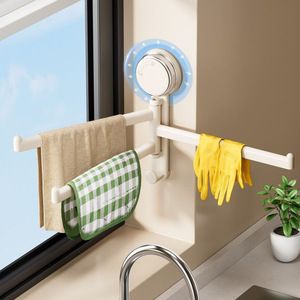 Wholesales convenient Wall Mounted Suction Cup Rotating <b>Kitchen</b> Towel <b>Rack</b> with Hooks Towel Holder <b>Storage</b> <b>Rack</b> for Bathroom - Product Image 1