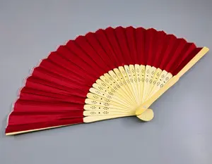 plain color bamboo wood silk folding fan with different color fabric sleeve