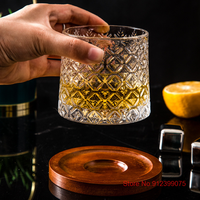 Gelas Whisky Putar Retro Transparan Kristal dengan Alas Bambu Gaya Klasik untuk Mengurangi Stres, Tumbler Anggur 275ml