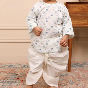 Kurta pour garçons imprimé éléphant crème avec pantalon Dhoti blanc, tenue ethnique traditionnelle pour enfants, idéale pour les fêtes et les mariages - Product Image 1