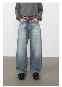 Jean en denim 100% Coton personnalisé, déchiré, coupe droite ample, 12 OZ, poids lourd, délavé, pour hommes et femmes - Product Image 2