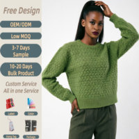 Pull en maille épaisse vert texturé à col rond pour femme, idéal pour la mode automne-hiver (vente en gros)