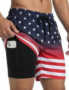 Short de bain pour hommes avec imprimé drapeau dégradé, séchage rapide, taille élastique, avec poche latérale - Product Image 1