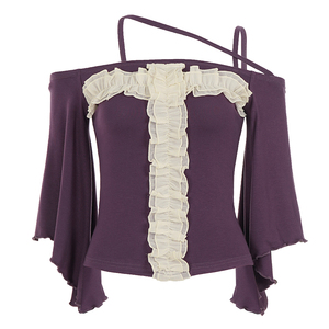 Womens Y2K Off-Shoulder Solid Breathable Knitted Ruched Batwing Sleeve Loose Fit Tee OEM - Product Image 6