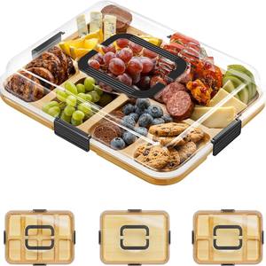 Planche à charcuterie en bambou avec couvercle et poignée, compartiments intégrés, couvercle transparent pour vin, assiettes d'apéritif, plateau à fromage - Product Image 1