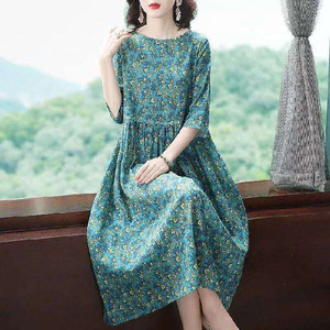 Floral Print Women's <b>Dress</b> Mid Length <b>Elastic</b> Waist O Neck Breathable Casual Daily Wear Leisure Style - Product Image 2