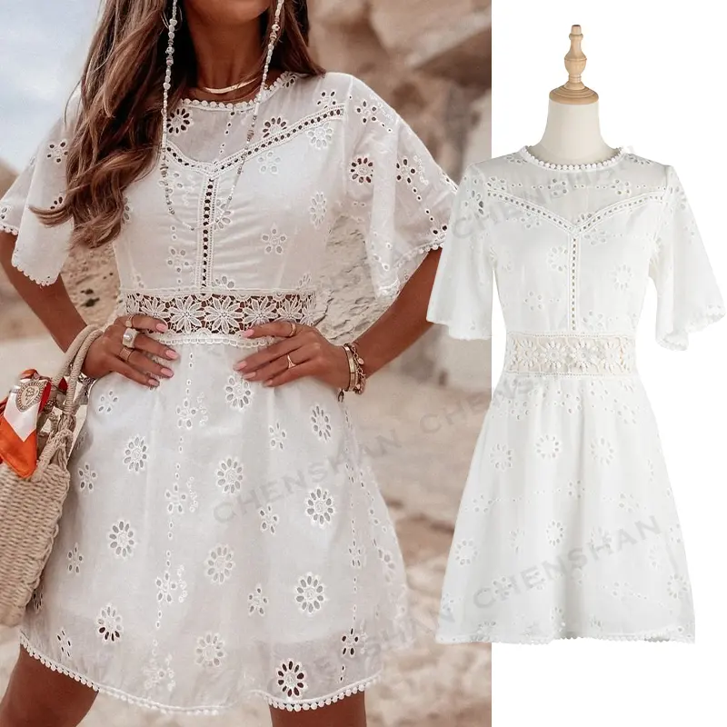 2023 Summer Custom Mini Clothing Elbise Boheme Women Hawaii Linen Cotton Swing White Loose Jurk Vintage Wit Dress For Lady