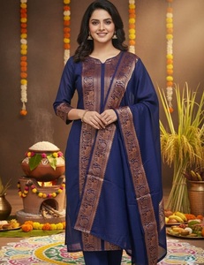 Women's Blue Cotton Kurta With Brown Embroidered Border Traditional <b>Indian</b> Kurti For Diwali Occasion Ankle-Length Regular Fit - Product Image 1