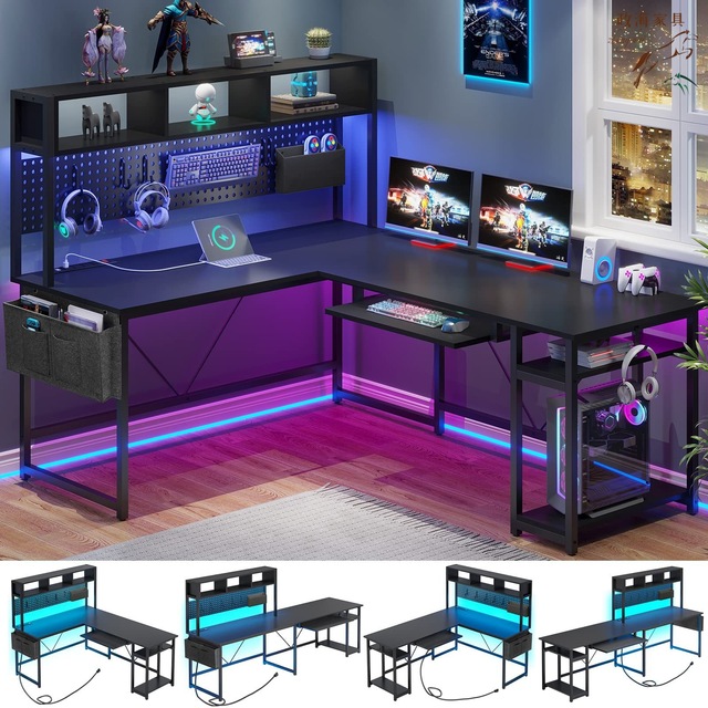 Factory Wholesale New Metal Gaming Desk L-Shaped Computer Desk with Power Socket and LED Light Strip