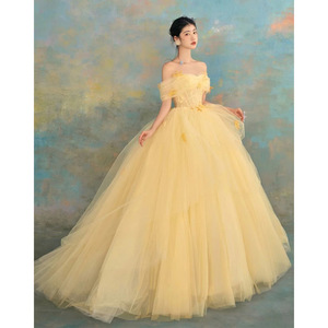 Off The Shoulder Yellow Tulle Ball Gown Wedding Dress Empire Waistline Strapless Vintage Princess Style For Photo Studio - Product Image 1