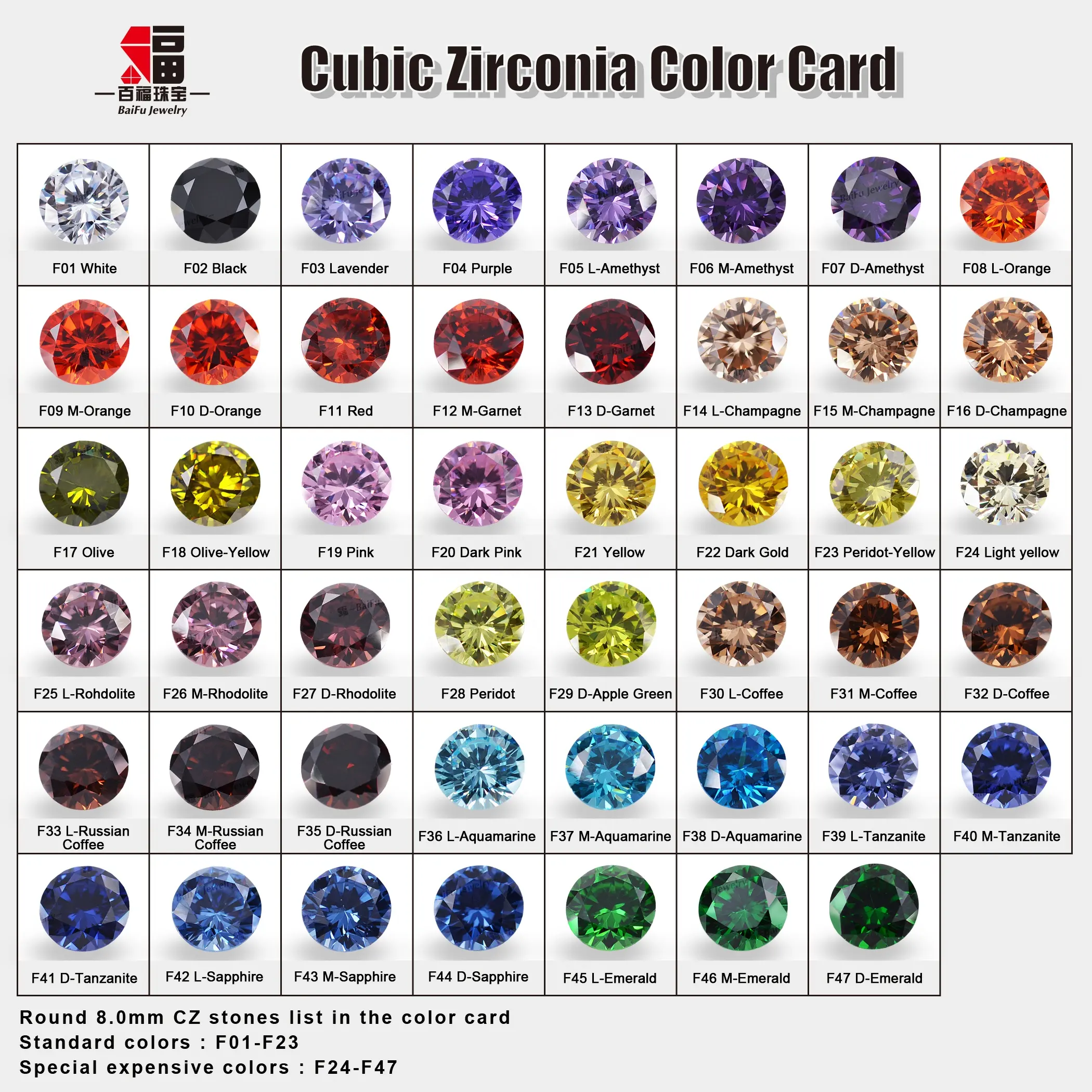Baifu Jewelry 47 couleurs rondes 8.0mm échantillons couleur zircon cubique