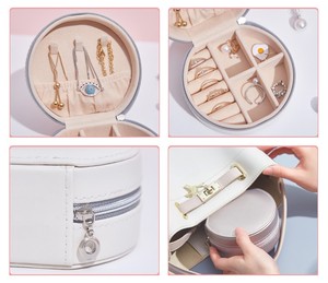 Custom Logo Round Cylinder Jewelry Box Velvet Interior Zipper Closure Portable Necklace <b>Ring</b> <b>Storage</b> Organizer for Travel Gift - Product Image 4