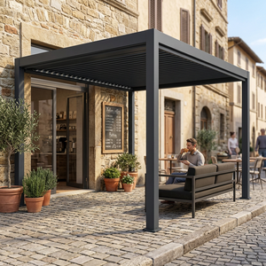 Pergola moderne en aluminium rectangulaire, noire, avec revêtement en poudre, pour patio extérieur, avec éclairage LED et terrasse en bois - Product Image 4