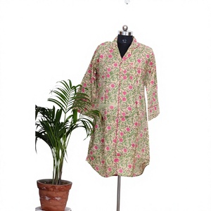 Women's Floral Print Cotton Kimono Robe Loose Fit Three Quarter Sleeve Midi Dress With Pockets Casual Daily Wear - Product Image 1