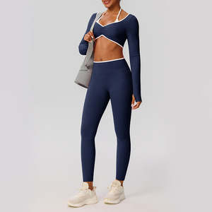Set da 2 Pezzi con Top Corto a Maniche Lunghe con Scollo a V e Halter, <span class=keywords><strong>Leggings</strong></span> a Vita Alta con Finiture a Contrasto, Completo da Palestra e Yoga per Donne - Product Image 5