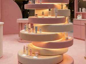 Chiosco di Bellezza Moderno Curvo Rosa, Espositore Multistrato Personalizzato, Negozio Pop-up per Prodotti Skincare per Centri Commerciali - Product Image 5