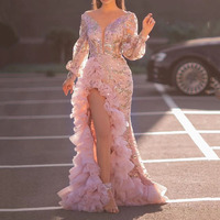 2025 Frühling/Sommer Neue Damen bekleidung Sexy Hüft umfang Schwanz perle Pink Mesh Abend Langes Kleid